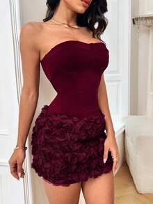 WOWDARK 夏季连衣裙，酒红色，时尚 3D 立体花卉纹理无肩带修身派对连衣裙，优雅女士款，适合情人节、约会、聚会、派对、旅行、度假、海滩等场合。 - 酒紅色 - 查看 3