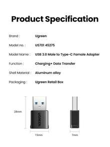 UGREEN 10Gbps USB-C 母头转 USB-A 公头适配器 USB3.1 USB-C 母头转 USB-A 公头适配器塑料外壳 - 黑色 - 查看 11