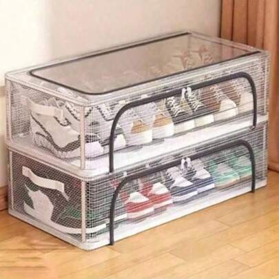 1 Rectangular Shoe Storage Box, Made Of Transparent PVC Material, Non-Waterproof, Multifunctional Storage, Supported By A Steel Frame, Featuring Two Removable Windows, Suitable For Sneakers And High Heels, Under-Bed Storage, Car Dustproof Folding Under-Bed Anti-Oxidation Shoe Storage Box