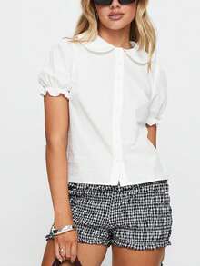 Women's Preppy Short Sleeve Blouse, Peter Pan Collar Button Down Shirt For Office Work, Casual Commute College Outfits, Summer TopButton Down Shirt - Long Sleeve Loose Fit Casual Blouse, Lightweight Breathable - 白色 - 查看 5