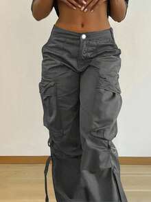 女士 Y2K 街头风翻盖口袋带饰宽松休闲阔腿降落伞工装裤