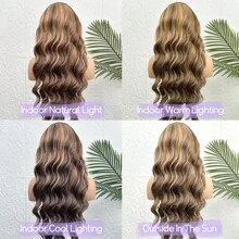 VIOLLY 亮点渐变色 13x4 大面积透明蕾丝前部手工编织真人发假发 200 密度 28 英寸长身体波浪蜂蜜金色巴西真人发混合假发 - 混合真人发和合成预拔发际线和预漂白隐形结适合女性在日常或节日场合佩戴假发 - SP4/27 - 查看 8