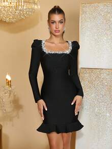 新款女士黑色性感亮片水钻绷带中长裙优雅婚礼假日派对正式晚宴女装 - 黑色 - 查看 1
