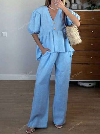 2 st/set kvinnor plusstorlek casual puffärmad topp och byxor set, pendlingsoutfit