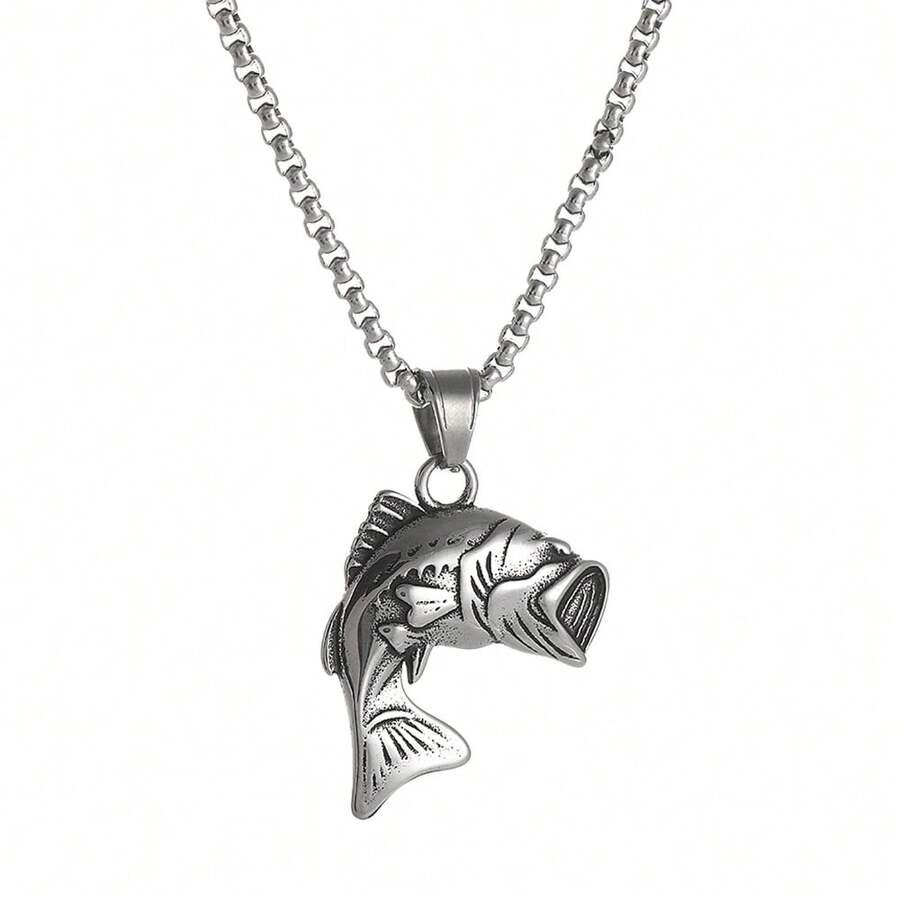 Collana con ciondolo in acciaio inossidabile a forma di pesce persico dalla bocca grande - Pendente a forma di pesce persico che salta - Regalo amuleto per pescatori