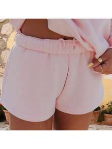 Women Athletic Shorts Loose Fit Solid Color Drawstring Sweatshorts For Yoga Running - 粉色 - 查看 2