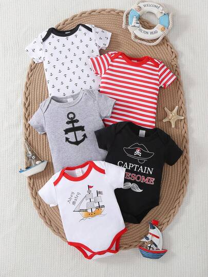 5pcs/Set Newborn Baby Boy Short Sleeve Rompers, 0-1 Year Old Baby Clothing