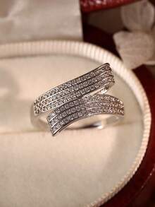 Gift Box Set Elegant Shiny Micro-Inlaid Diamond Line Crossing Design Gold Ring, Multiple Sizes Available, Suitable For Women Wedding Party, Valentine's Day Gift - Silver 2 - View 5