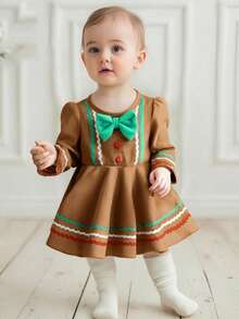 Toddler Baby Girl Christmas Dress Gingerbread Man Velevt Ruffle Dress Long Sleeve Tutu Dresses Christmas Outfit - 卡其色 - 查看 5