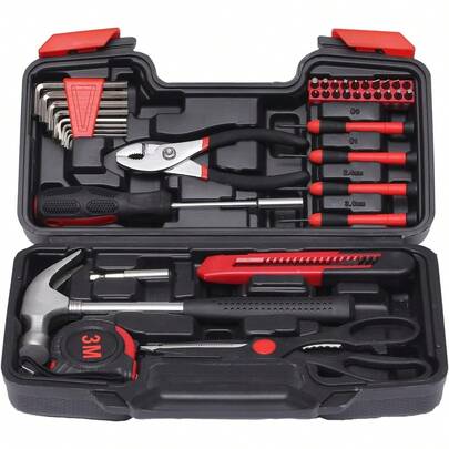 Timotech Kit de Herramientas para el Hogar, Caja para Herramientas de 39 piezas, Herramientas Pequeñas para el Hogar con Caja de Plástico, Ideal para Estudiantes Universitarios, Uso Doméstico y Más.