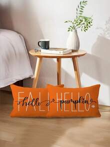 2 Fundas de almohada de lino naranja de estilo festivo - Hola Calabaza y Hola Otoño - Sin núcleo de almohada - Impresión de un solo lado - Estilo contemporáneo - Lavable a máquina - Cierre con cremallera - Adecuado para sofá, sofá, decoración de otoño, decoración de otoño, decoración de habitación - Naranja - Ver 2