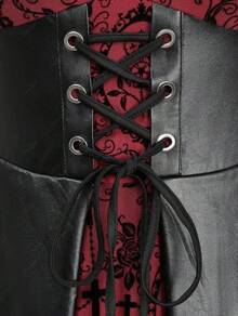 Halloween Costumes Rosegal Women Plus Size Gothic Lace-Up PU Leather Patchwork Flocking Midi Dress Buckles Lace Trim Vintage Goth Midi Dress