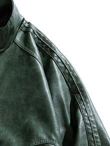 男士长袖复古美式PU皮经典夹克，秋冬款，朋克风 - 綠色 - 查看 5