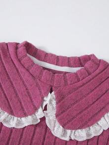 2 piezas Conjunto de Moda para Niñas, Otoño/Invierno - Blusa de Manga Larga con Cuello Peter Pan y Pantalones Anchos con Parche de Encaje Elegante, Lindo y Femenino