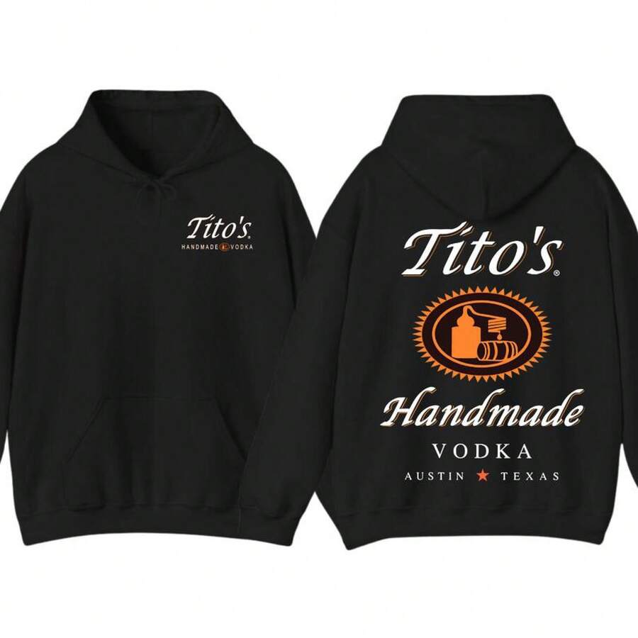 COCOC 2025 New Summer Loose Pattern Round Neck Shirt,Tito's Handmade Vodka 2-Sided Hoodie T-Shirt, Texas Austin Graphic Pullover, Casual Streetwear For Men And Women, Summer Party Outfit - Black - View 1