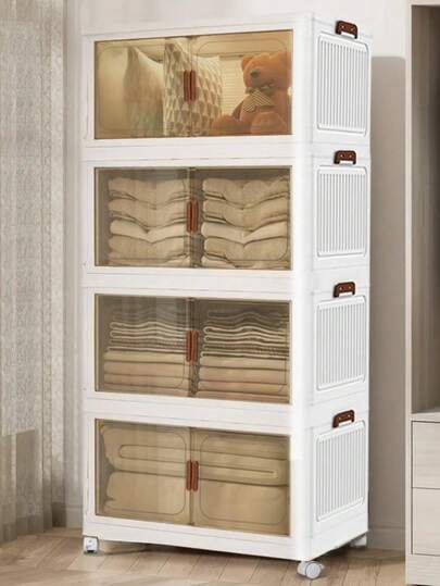 50cm/3layersPlastic Folding Storage Box, With Wheels And Magnetic Door, Easy To Move, Large-Capacity Container, Suitable For Bedroom/Kitchen/Living Room, A Collection Box Suitable For All Seasons