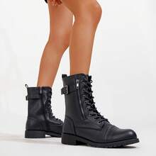 Comfyshoes 女士时尚战斗靴，带卡位口袋，黑色靴子 - 黑色 - 查看 3