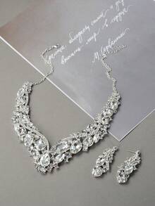 1pcs Luxury Silver Large Crystal Diamond Palace Style Bridal Wedding Dinner Party Dance Sparkling Necklace Earrings Set - 銀色 - 查看 3