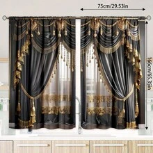 2pcs European Style Elegant Patchwork Pattern Home Textile Digital Printed Curtains, Easy To Hang Design For Privacy Protection, Suitable For Bedroom, Living Room, Kitchen, Study, Dining Room, Game Room, Essential Home Decor - Multicolor 1 - View 4