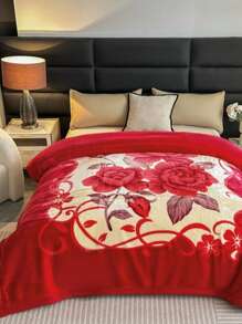 1pc Christmas Floral Pattern Blanket, Soft Double-Layer Raschel Throw Blanket, Long Plush Warm & Cozy For Bedroom, Living Room, Travel - Good Match - View 3