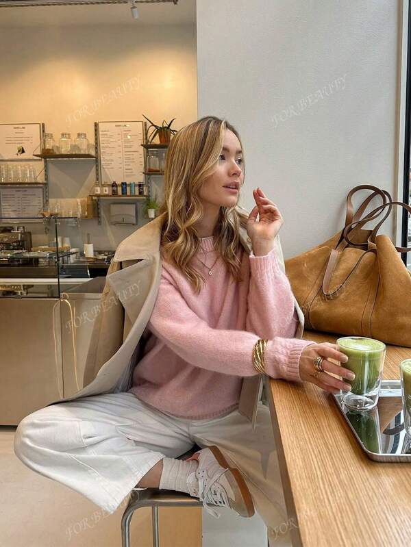 Nuevo suéter de punto de cuello redondo rosa de otoño e invierno con manga larga, de temperamento elegante y fashionable, estilo casual y holgado, adecuado para citas, salidas y viajes, ropa de mujer de otoño