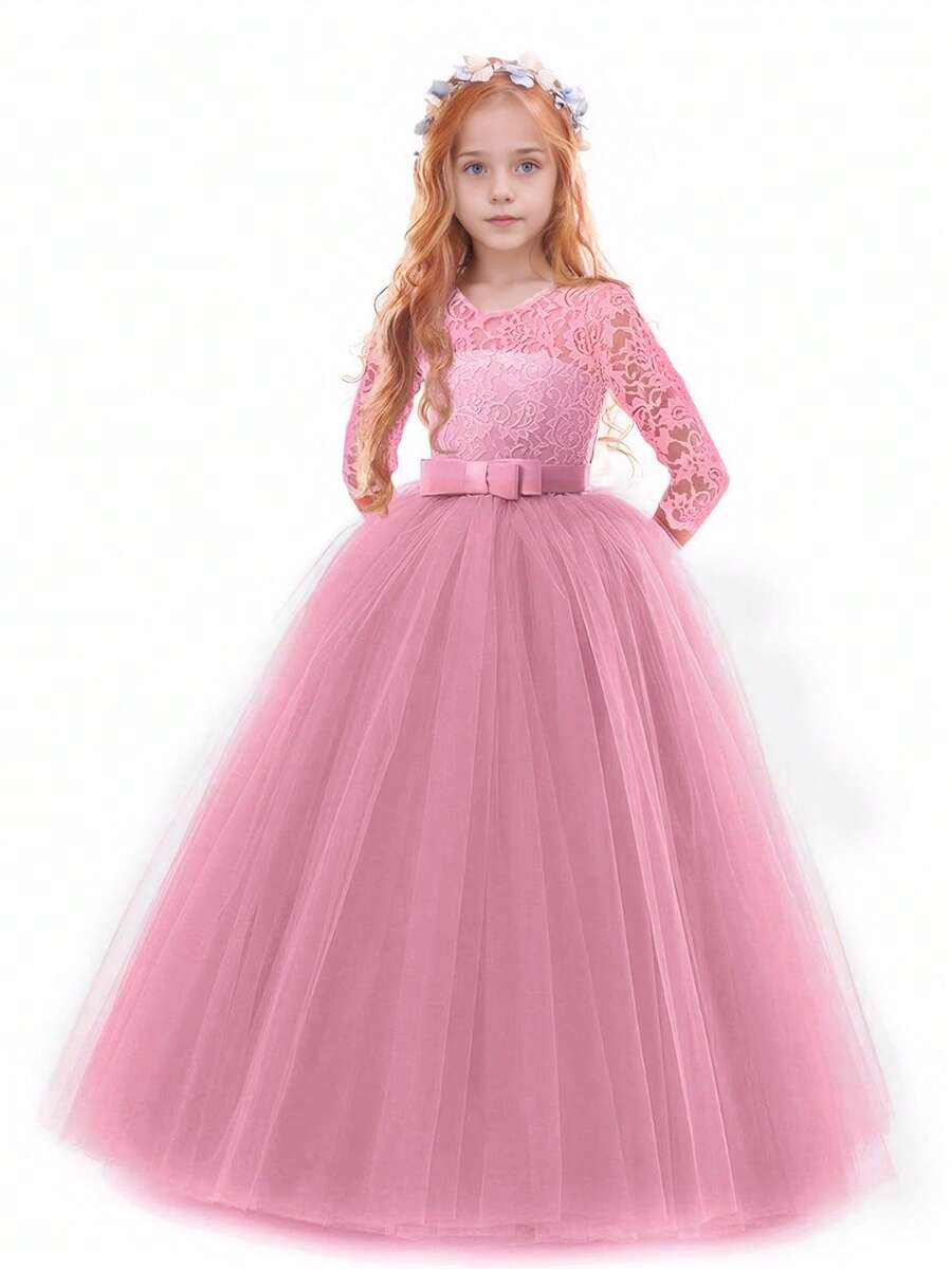 Flower Girls Dress Long Lace Bridesmaid Dress 3/4 Sleeves Floor Length Wedding Party Evening Formal Pegeant Maxi Tulle Ball Gowns - Bụi hồng - Xem 1