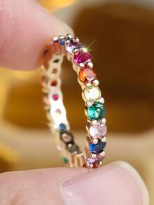 Vanel 1pc Luxury Full Eternity Cubic Zirconia Ring, Jewelry Gift For Girlfriend, Classmate - Golden Yellow-multicolor - View 1