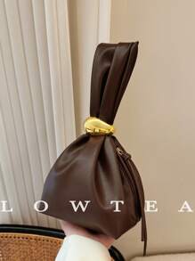 low tea 1pc Solid Color PU Leather Handbag For Women, Personalized Mini Cloud Pleated Bag With Metal Decor Zipper Closure, Suitable For Daily And Outing Use - Coffee - View 2