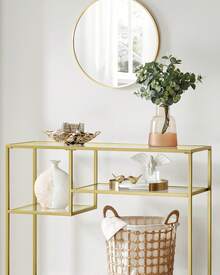 Consolle, tavolino da corridoio, in vetro temperato, struttura in metallo, con ripiani, 35 x 100 x 80 cm, moderno, per ingresso e soggiorno, colore oro - Dorato - Visualizzare 2