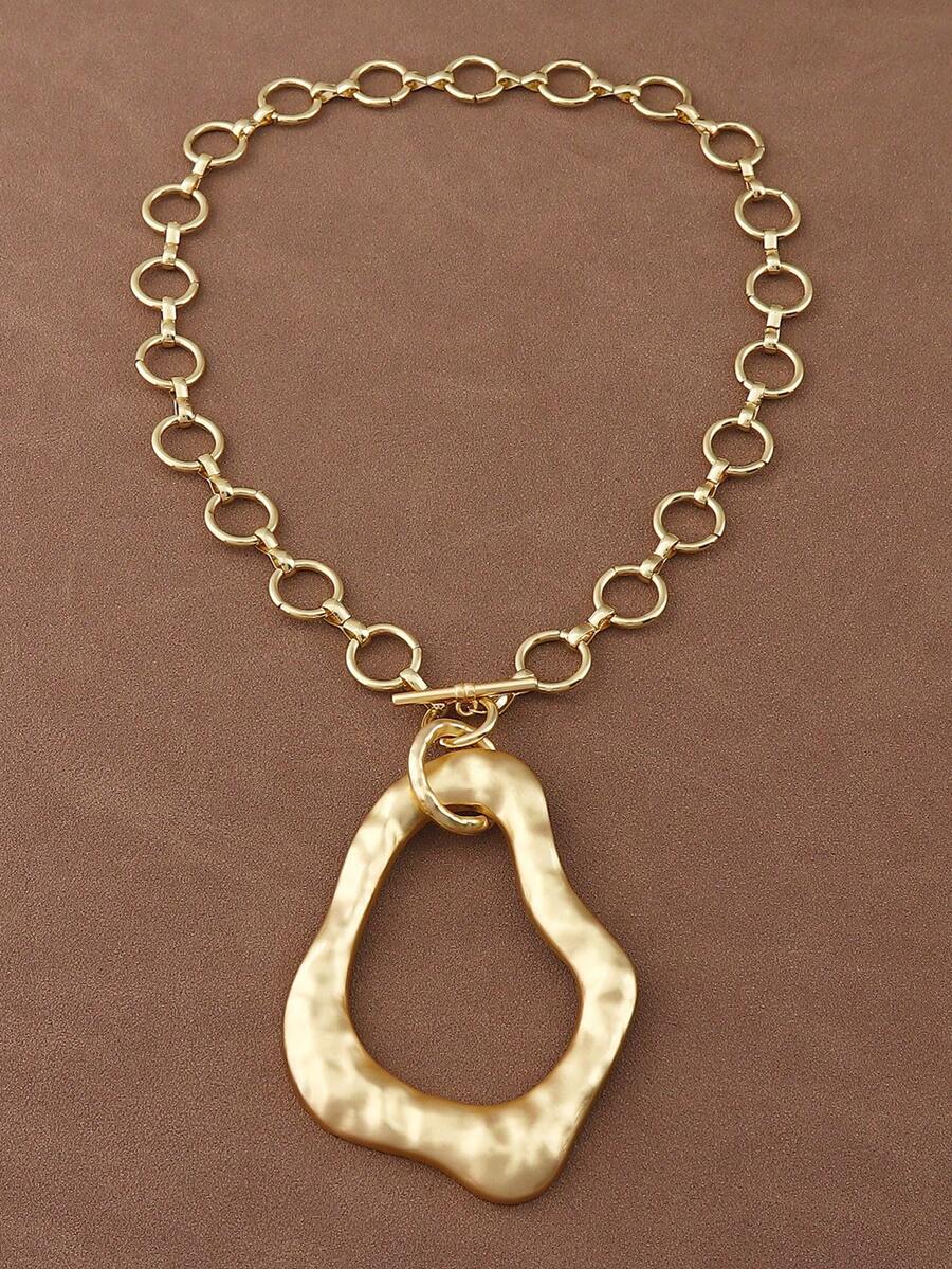 1条时尚哑光金/银色不对称镂空方形吊坠粗链项链，适合女性日常佩戴，18英寸+2英寸延长链 - Open Oval Pendant - 查看 1