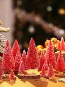 6 piezas - Árboles de Navidad rojos miniatura artificiales, árboles de cepillo de botella con base de madera, árbol de Navidad de sisal con escarcha artificial, manualidades DIY de mini pino para decoración navideña, fiesta de Navidad, hogar, decoración de mesa, adornos de invierno (Rojo)