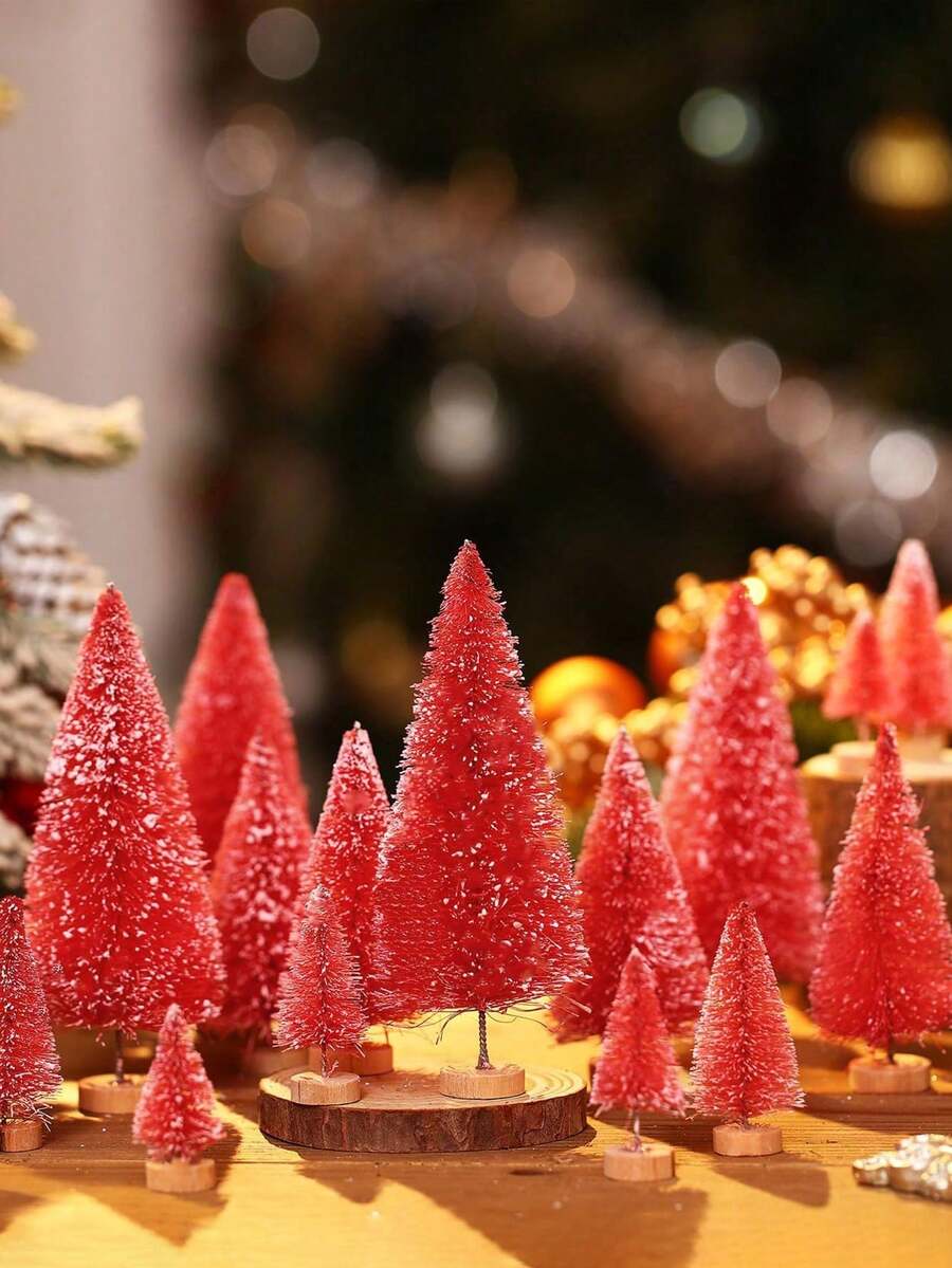 6 piezas - Árboles de Navidad rojos miniatura artificiales, árboles de cepillo de botella con base de madera, árbol de Navidad de sisal con escarcha artificial, manualidades DIY de mini pino para decoración navideña, fiesta de Navidad, hogar, decoración de mesa, adornos de invierno (Rojo)