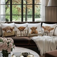 4 pièces Housses de coussin vache des highlands minimaliste, imprimées sur un seul côté en velours doux pêche, 45*45CM Housses de coussin pour la décoration intérieure, les fêtes, les cadeaux - Multicolore-4 pièces - Voir 5