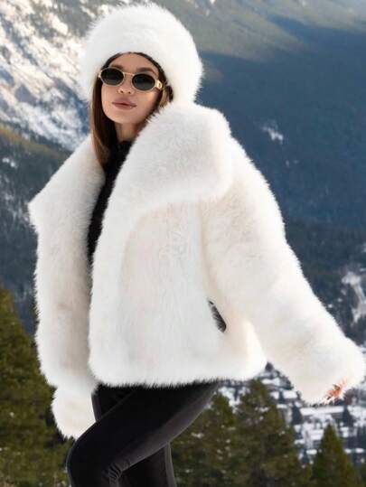 TRAFZA Women's Faux Fur Elegant Jacket, Casual Luxury Solid Color Coat, Warm Loose Women's Fashion Street Style Long Sleeve Jacket