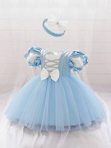 Baby Girls' Purple Puff Sleeve Embroidery Mesh Luxurious Princess Dress, Suitable For Parties - Blue - View 2