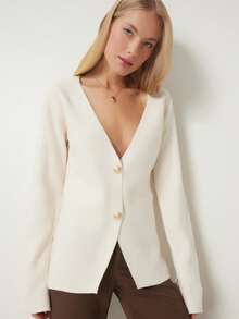 Casual Solid Color Button Front Cardigan, Autumn/Winter - White - View 1