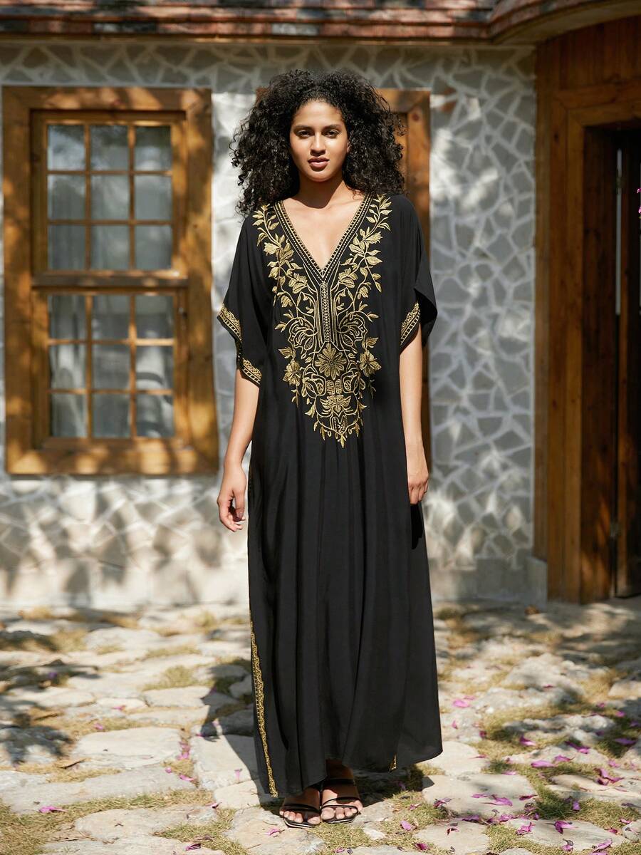 黑色刺绣迪拜风格休闲短袖女式睡袍 - 黑色 - 查看 1