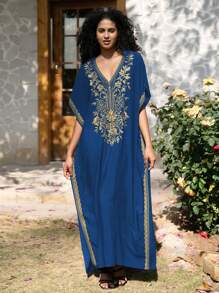 Royal Blue Embroidered Dubai Style Casual Short Sleeve Robe For Women - Royal Blue - View 1
