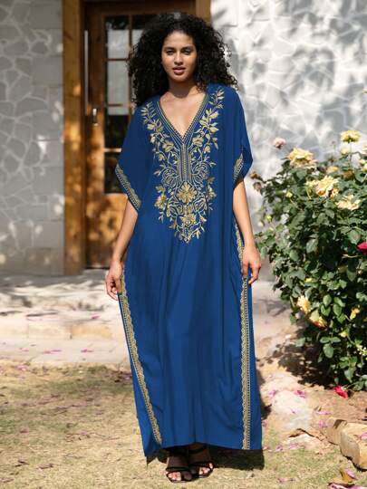Royal Blue Embroidered Women's Dubai Abaya Short Sleeve Casual Dresses