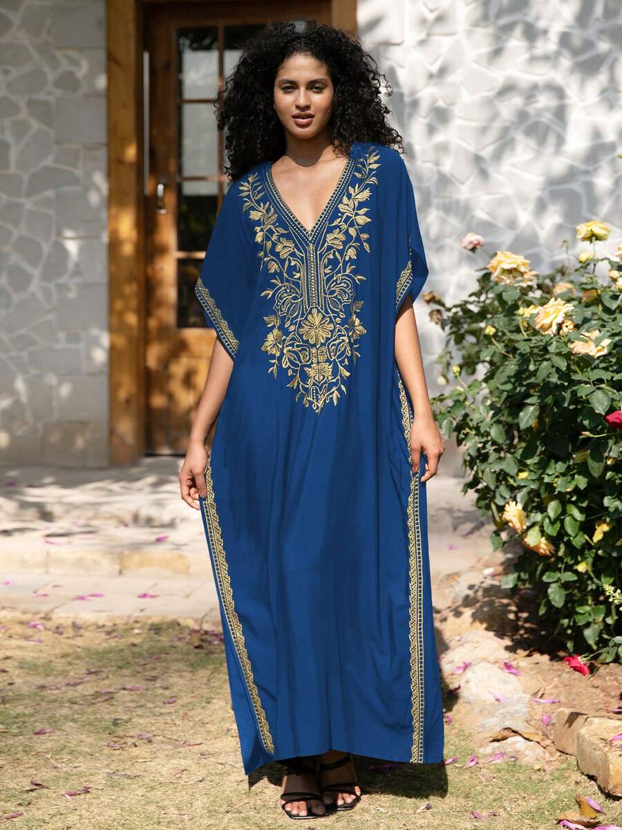 Royal Blue Embroidered Dubai Style Casual Short Sleeve Robe For Women - Royal Blue - View 1