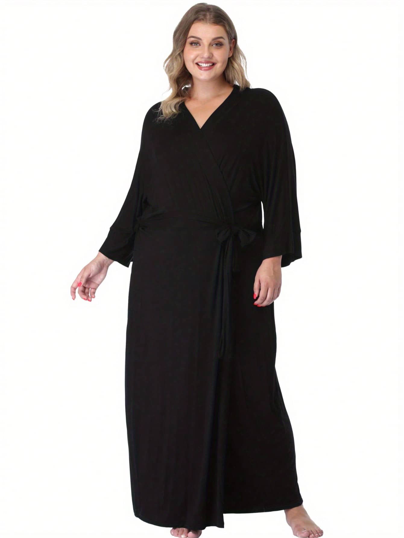 Womens Plus Size Long Robes Lightweight Kimonos V Neck Knit Bathrobe Soft Maternity Robe Sleepwear - 黑色 - 查看 1