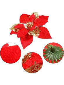 5pcs Christmas Glitter Red Flower Artificial Christmas Tree Ornaments, For Christmas Wedding Wreath Floral Decor - Multicolor - View 14