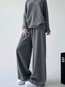 dos piezas  Conjunto informal  con capucha: camiseta de manga larga y pantalón con cremallera, ropa acogedora para otoño/invierno para mujer, (Sudadera con capucha y cordón y pantalones de chándal) - Gris Oscuro - Ver 4