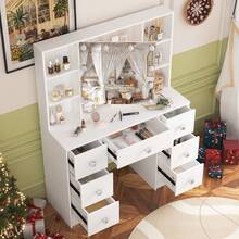 Makeup Dressing Table Set With Mirror &Push-To-Open Door 7 Drawers Vanity Desk - White - View 6