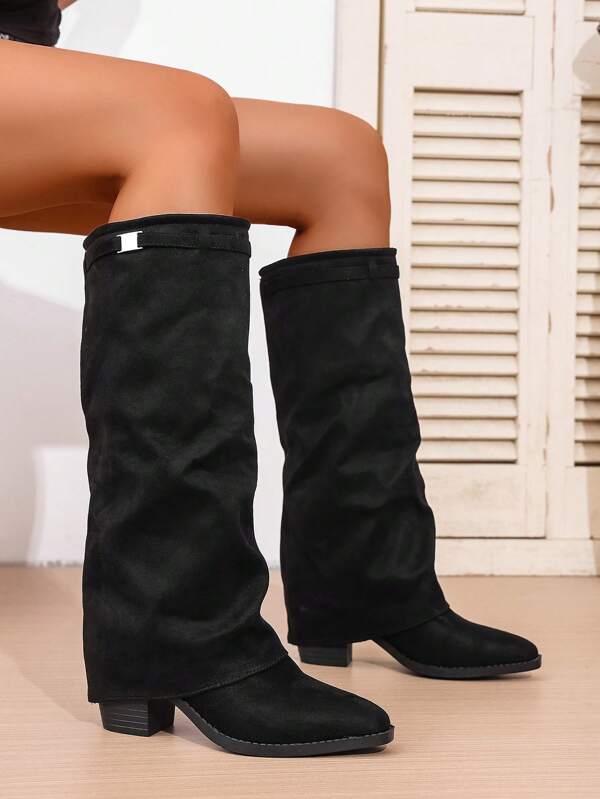 Jesień/zima 2025, damskie, szpiczaste, grube obcasy, seksowne buty w stylu spodni, kozaki retro za kolano, dopasowane legginsy, czarne buty