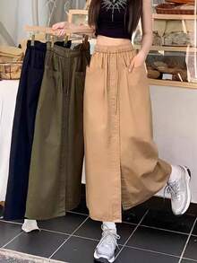 Explosiva doble bolsillos de diseño sentido medio cuerpo falda femenina verano nuevo suelto grandes yardas horquilla abierta A-line falda ins - Caqui - Ver 3