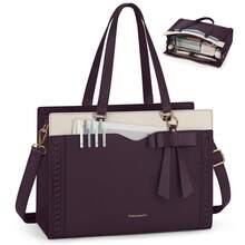 NEWHEY Women's Laptop Tote With Detachable Strap & Bow: 15.6 Inch Leather Work Bag Featuring Cup Holder, Professional Office Briefcase & Large Business Handbag - Màu tím và trắng - Xem 9