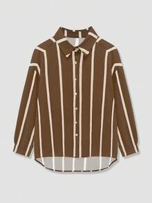 Áo sơ mi nam kẻ sọc oversized cho nữ, áo cánh cài nút phía trước ngắn phía sau dài, thường ngày, phù hợp cho mùa xuân, hè, thu - Dải mơ nâu - Xem 5