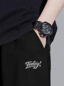 Men's Relaxed Fit Drawstring Waist Slant Pockets Solid Color Casual Pants, Fall - Black - View 3