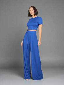 Conjunto Para Dama Crop Top Y Pantalón Recto Cómodo De Moda - Azul Rey - Ver 1